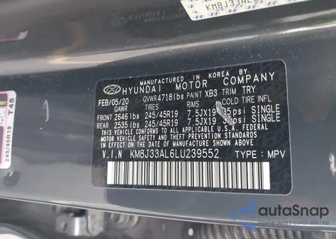 2020 Hyundai Tucson Sport из США, поврежденный, VIN KM8J33AL6LU239552